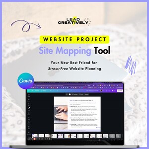 May include: A laptop displaying a website project site mapping tool. The screen shows a webpage with text and images. The background is light purple with the text "WEBSITE PROJECT Site Mapping Tool" and "Your New Best Friend for Stress-Free Website Planning."