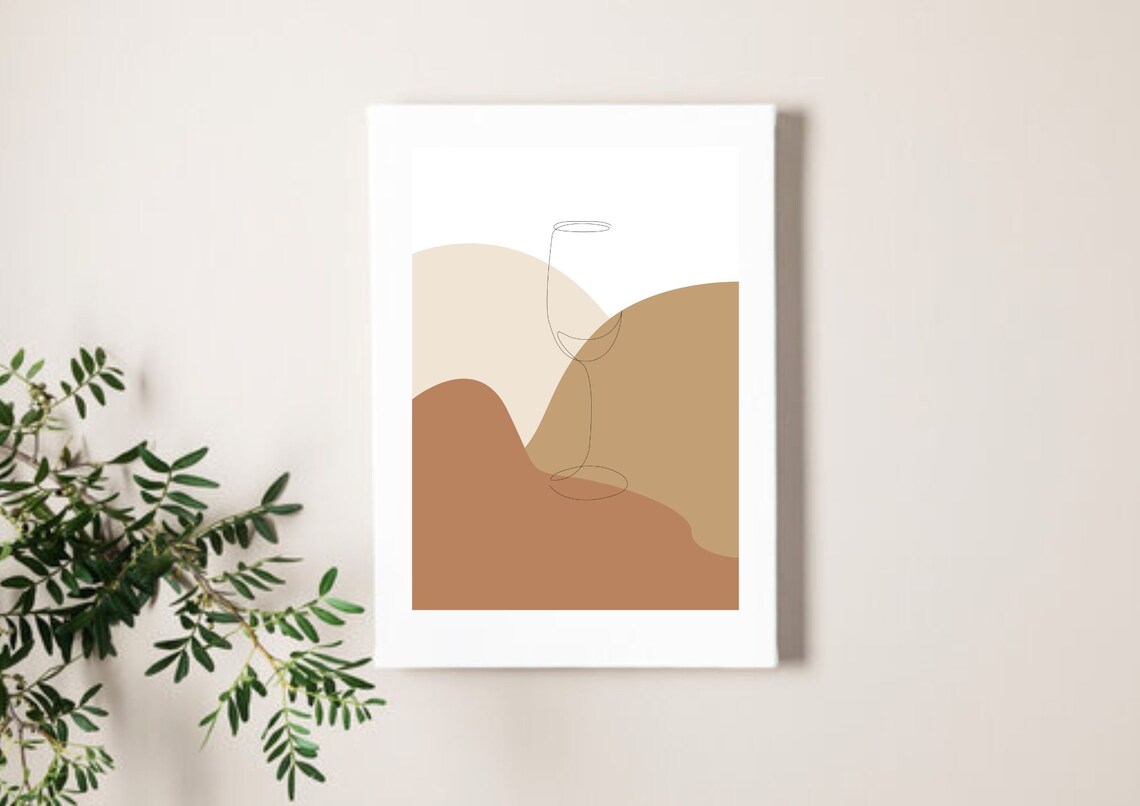 Minimalist Wine Glass Wall Prints, Modern Minimalist, Terracotta Tones