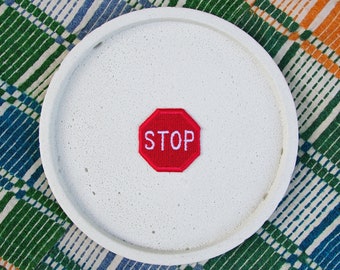 Road sign patch STOP, conceptual design, glow-in-the-dark, machine embroidered, punk, interesting accessory, embroidery, red sign
