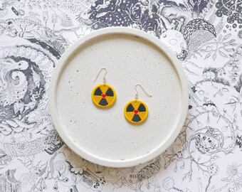 Hazard sign LOVE RADIATION earrings, positivity, original design, machine embroidered, light, double-sided, silver-plated, love, heart