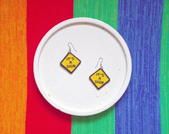 Warning sign earrings IT'S A SIGN, crazy design, interesting, original jewelry, machine embroidered, punk, iron on, teenage