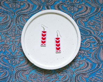 Warning sign earrings DIRECTION TURNING, red white, gift, interesting jewelry, crazy design, machine embroidered, punk, luminous