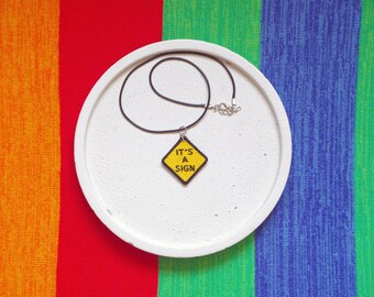 Warning sign IT'S A SIGN necklace, crazy design, interesting, original jewelry, machine embroidered, punk, iron on, teenage accessories
