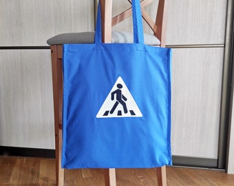 Tote bag PEDESTRIAN CROSSING, embroidered, road sign, crazy design shopping bag, blue, glow in the dark, interesting bag, original teen gift