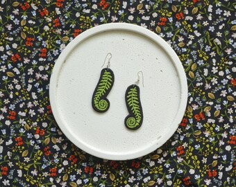 FERN earrings for nature lovers, forest plant, silver-plated interesting jewelry, crazy accessories, two sided, green khaki dryopteris