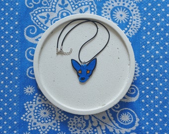 BLUE DOG necklace, toyterrier jewelry, George Rodrigue inspiration, original design, machine embroidered, light, eye cathing, dog lover