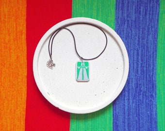 Controlled-access HIGHWAY and SPRUCE TREE necklace, original design, crazy jewelry, machine embroidered, silver-plated, glow-in-the-dark