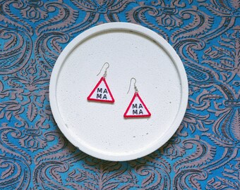 Warning road sign earrings MAMA, original design, machine embroidered, light, silver-plated, glow-in-the-dark, luminous
