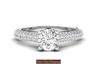 1.20Carat D color I1 Clarity GIA Certified Round Natural Diamond Pave Set Engagement Ring, 14k White Gold Heart Motif Wedding Ring For Women