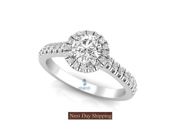 0.80 Carat G Color I1 Clarity GIA Certified Round Cut Natural Diamond Halo Engagement Ring, 14K White Gold Wedding Ring For Women 6 US