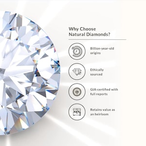 Puede incluir: Imagen de primer plano de un diamante brillante. El texto dice: "&iquest;Por qu&eacute; elegir diamantes naturales?" y enumera los beneficios: "Or&iacute;genes de miles de millones de a&ntilde;os", "De origen &eacute;tico", "Certificado GIA con informes completos" y "Conserva su valor como reliquia."