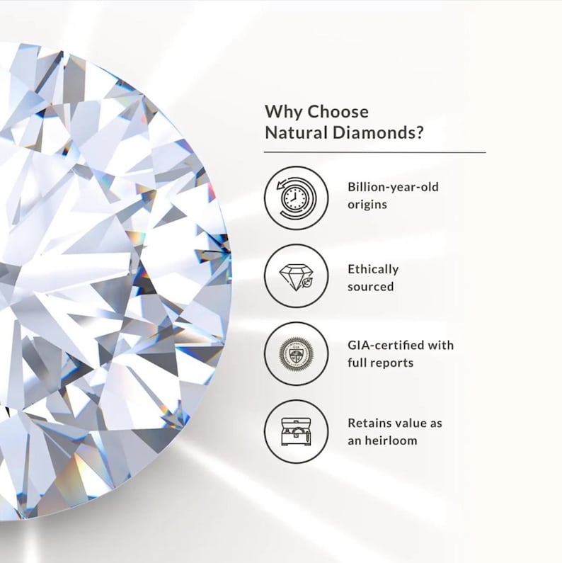 Puede incluir: Imagen de primer plano de un diamante brillante. El texto dice: "&iquest;Por qu&eacute; elegir diamantes naturales?" y enumera los beneficios: "Or&iacute;genes de miles de millones de a&ntilde;os", "De origen &eacute;tico", "Certificado GIA con informes completos" y "Conserva su valor como reliquia."