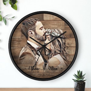 Wooden clock personalized, Engraved photo wood, Personalized family portrait gifts, Custom wall clock, Family name clock, Unique wall clock