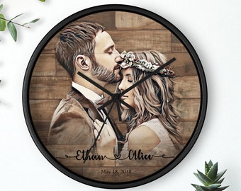 Wooden clock personalized, Engraved photo wood, Personalized family portrait gifts, Custom wall clock, Family name clock, Unique wall clock