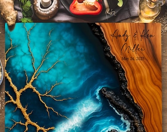 May include: A rectangular wooden cutting board with a unique design. The board features a vibrant turquoise and blue resin art piece resembling ocean waves, contrasted by a natural wood grain section. Gold-colored tree-like accents and the text "Andy & Ken Miller May 24, 2025" are visible.