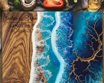 May include: A wooden cutting board with a unique design. The board features a wood grain section, a blue and white ocean wave design, and a dark blue section with gold accents. Text includes names and a date. The words "DESIGN 4" are at the bottom.