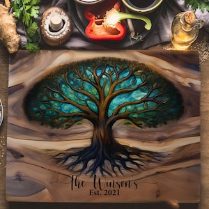Tree of Life Glass Charcuterie Board, Cutting Board, Wedding Gift, Beautiful Resin Epoxy Wood Look Print on Glass, Art Charcutier Board Gift