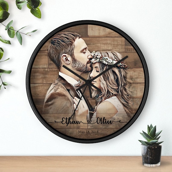 Wooden clock personalized, Engraved photo wood, Personalized family portrait gifts, Custom wall clock, Family name clock, Unique wall clock