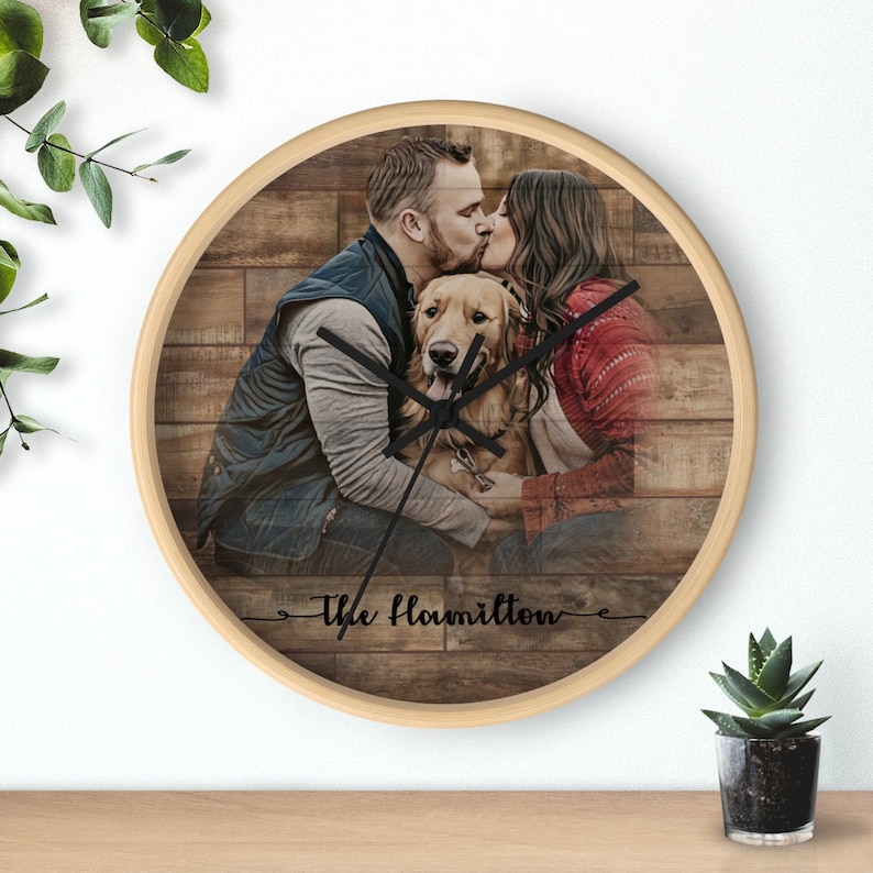 Wooden clock personalized, Engraved photo wood, Personalized family portrait gifts, Custom wall clock, Family name clock, Unique wall clock zdjęcie 10