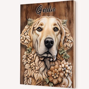 Puede incluir: Un retrato tallado en madera de un perro golden retriever con el nombre "Goldie" escrito encima. El perro est&aacute; rodeado de flores y hojas talladas en madera.