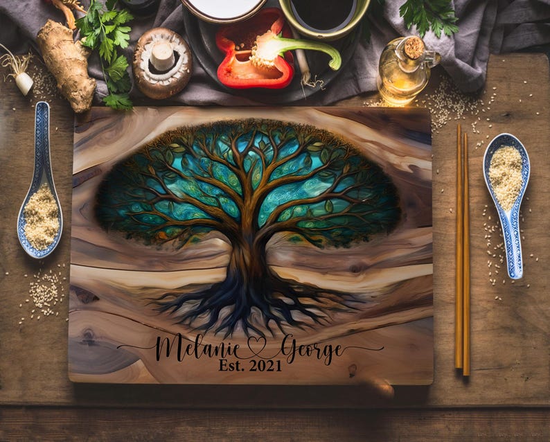 Tree of Life Glass Charcuterie Board, Cutting Board, Wedding Gift, Beautiful Resin Epoxy Wood ...