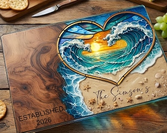 Personalized Wedding Gift for Couple Glass Charcuterie Board, Epoxy Resin Wood Look Custom Cutting Board Engagement Gift Bridal Shower Gift