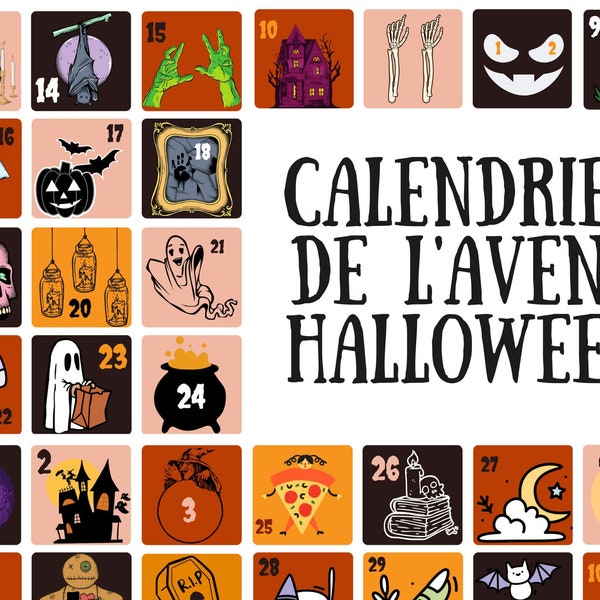 Calendrier de l'avent halloween advent calendar countdown décompte  Printable Tags, Classroom Decorations, Spooky Cards download imprimer