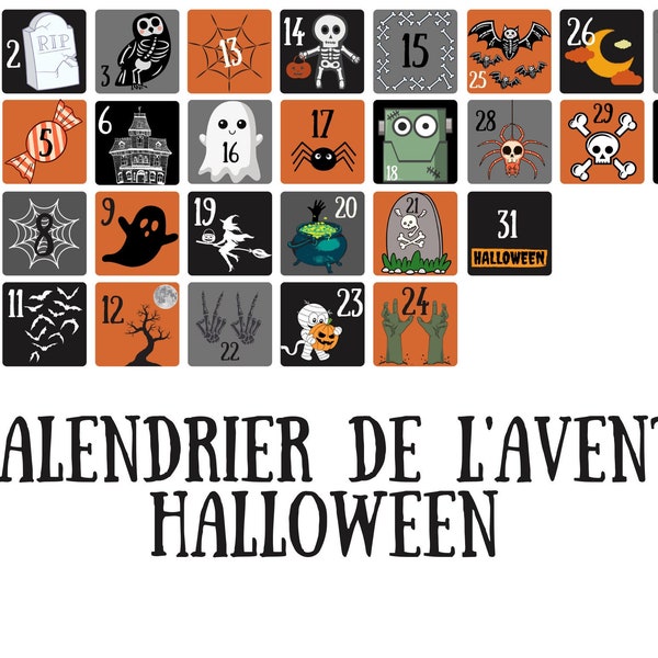 Calendrier de l'avent halloween advent calendar countdown décompte  Printable Tags, Classroom Decorations, Spooky Cards download imprimer