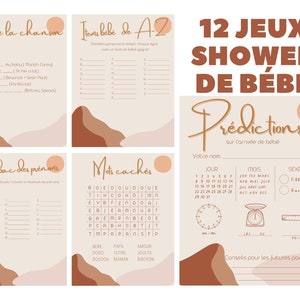 12 jeux carton prédictions baby shower en français à imprimer pdf, bébé, grossesse, famille, jeux bébé shower jeux de révélation de genre français