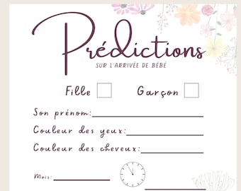 Jeu pronostici carton shower de bébé en Français, naissance, devinette, fête prénatale, jeux baby shower giochi francesi