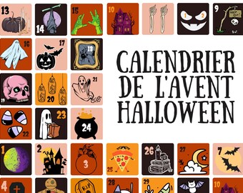 Calendrier de l'avent calendario de adviento de halloween cuenta regresiva décompte Etiquetas imprimibles, Decoraciones para el aula, Tarjetas espeluznantes descargar imprimer