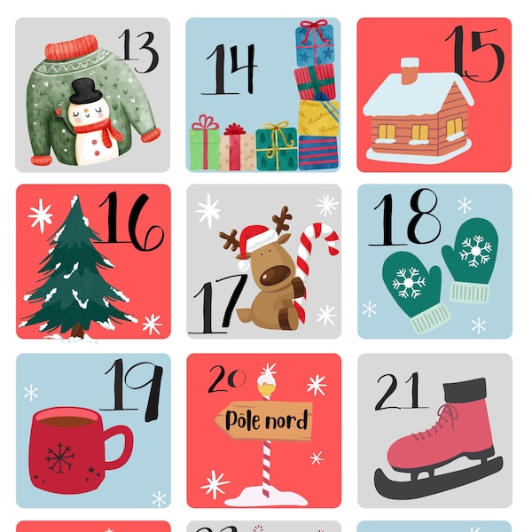 Calendrier de l'avent noël advent calendar countdown décompte  Printable Tags, Classroom Decorations, bilingual north pole pole nord