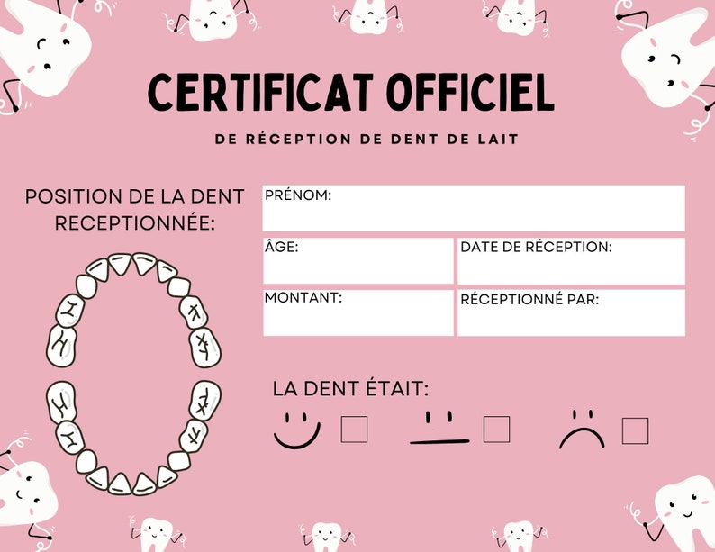 La Fée Des Dents Reçu Certificat Officiel Perte De Dents Pour Enfants ...