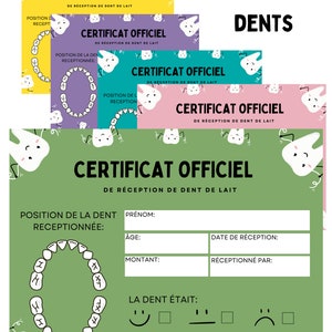 La fée des dents reçu certificat officiel perte de dents pour enfants souvenir imprimer, tooth fairy receipt in french