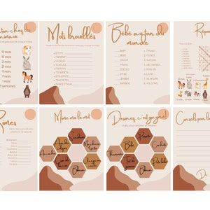 May include: A printable baby shower game set with a brown, beige, and peach color scheme. The games include "Gestation Time for Animals", "Scrambled Words", "Baby Around the World", "Rimes", "Mix and Match", "Draw and Win", and "Advice from Mom".
