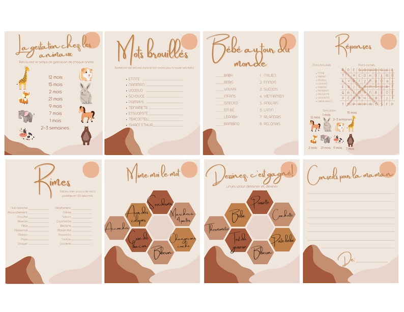 May include: A printable baby shower game set with a brown, beige, and peach color scheme. The games include "Gestation Time for Animals", "Scrambled Words", "Baby Around the World", "Rimes", "Mix and Match", "Draw and Win", and "Advice from Mom".