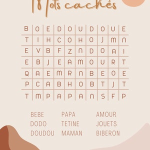 May include: A printable word search puzzle with a brown and white color scheme. The puzzle features the words "bebe", "dodo", "doudou", "papa", "tetine", "amour", "jouets", "maman", and "biberon".