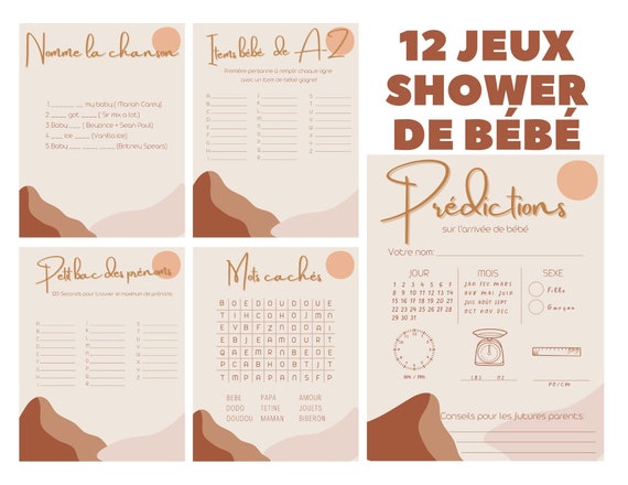 12 jeux carton prédictions baby shower en français à imprimer pdf, bébé, grossesse, famille, jeux bébé shower gender reveal games french