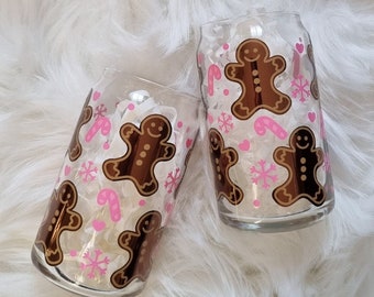 Christmas glass cup | Gingerbread men | Pink candy cane | 16oz glass can | Personalised iced coffee cup | Christamas eve box filler