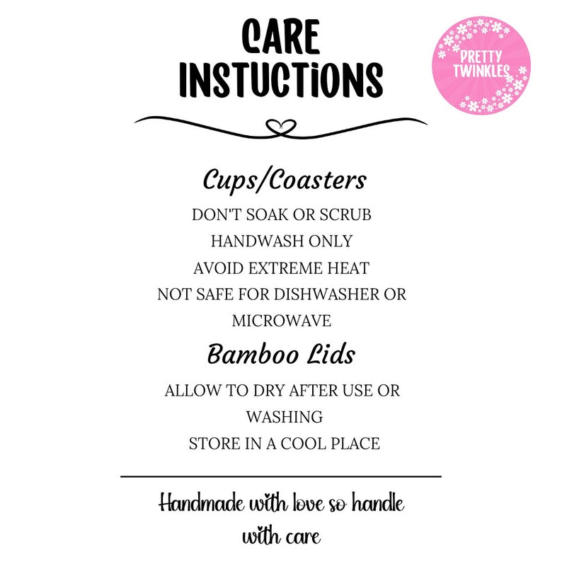 Care Instructions:

- Don't soak or scrub 
- Handwash only 
- Avoid extreme heat 
- Not safe for dishwasher or microwave 
- Suitable for hot & cold drinks 

A care card will be included within each order