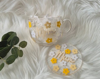 Personalised mum mug | Flower mug with matching coaster | Cute gift for mum | Customise with any name | Glass mug with flowers | Mug for mum