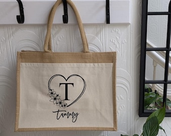 Personalised Jute Bag With Pocket | Floral Letter Jute Bag Personalised | Heart Monogram Initial Bag | Large Jute Canvas Shopping Bag