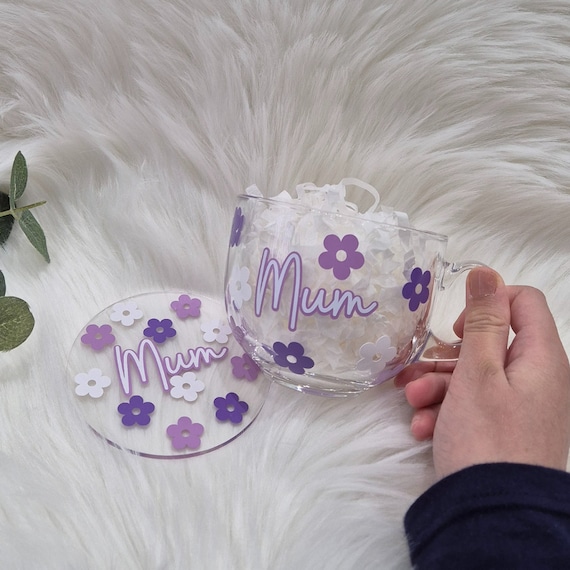 Personalised mum mug | Flower mug and coaster matching set | Mother's day gift for nana | Customise with any name | Floral glass mug