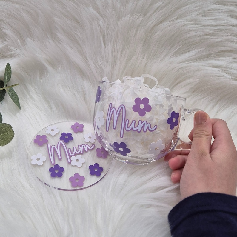 Personalised mum mug | Flower mug and coaster matching set | Mother's day gift for nana | Customise with any name | Floral glass mug