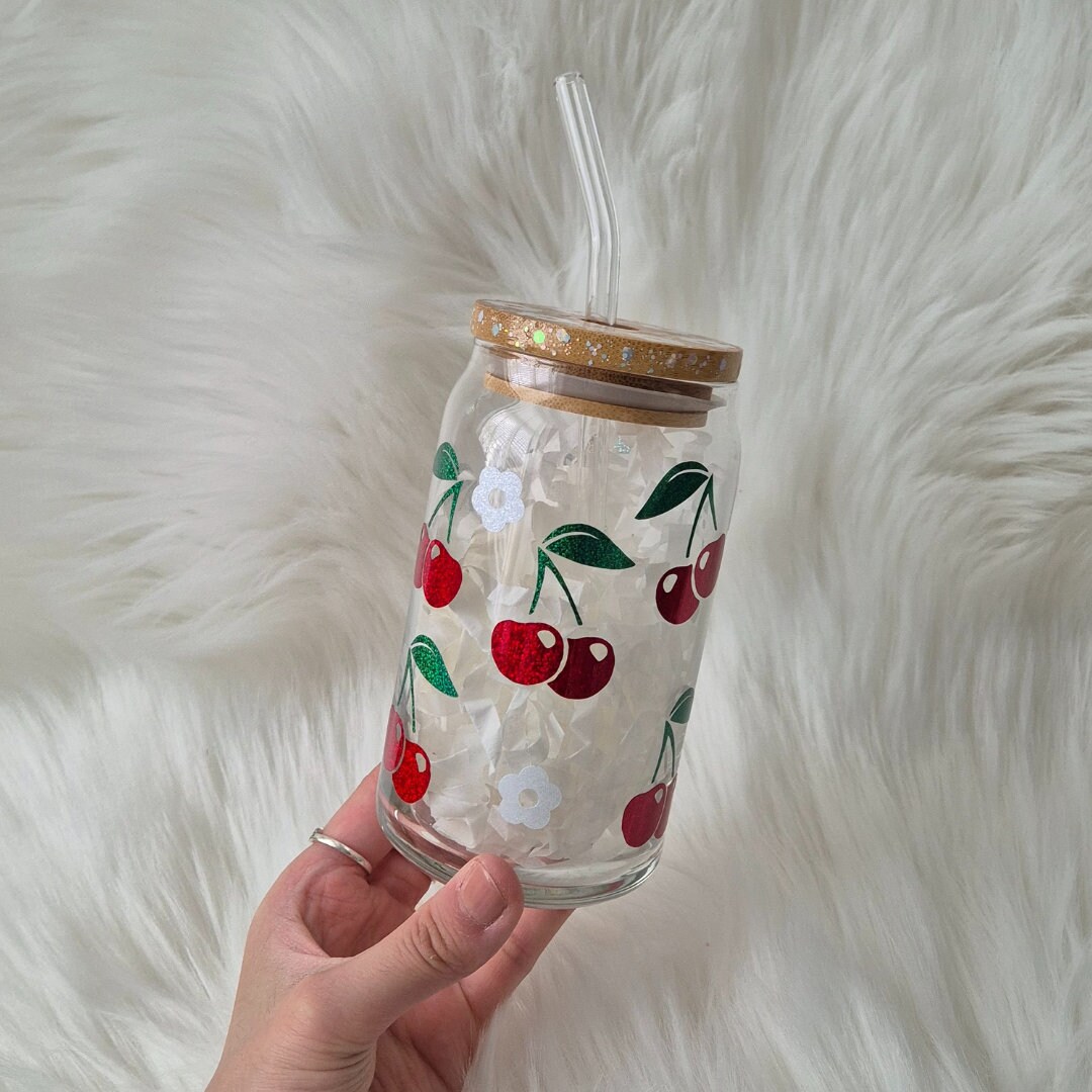 Cherry Glass Can Cup With Bamboo Design Lid and Glass Straw | 16oz ...