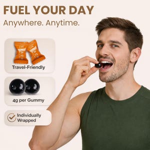 May include: Image features a man eating a dark gummy. Text reads "FUEL YOUR DAY Anywhere. Anytime." and highlights "Travel-Friendly" and "Individually Wrapped" features. Two orange packets and two black gummies are also shown.