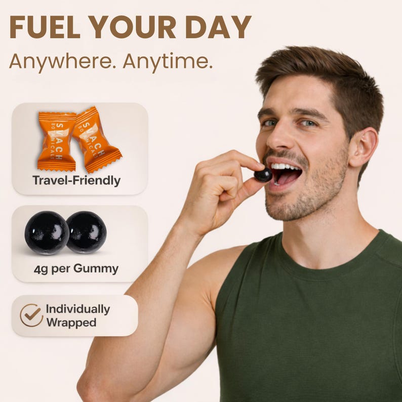May include: Image features a man eating a dark gummy. Text reads "FUEL YOUR DAY Anywhere. Anytime." and highlights "Travel-Friendly" and "Individually Wrapped" features. Two orange packets and two black gummies are also shown.