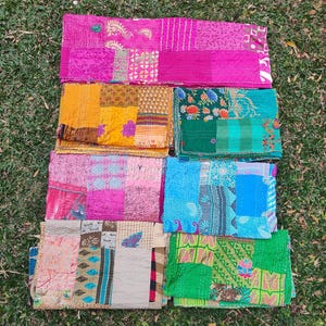 Handmade Kantha Quilt – Bohemian Silk Patchwork Throw | Vintage Indian Bedspread | Twin , Queen |