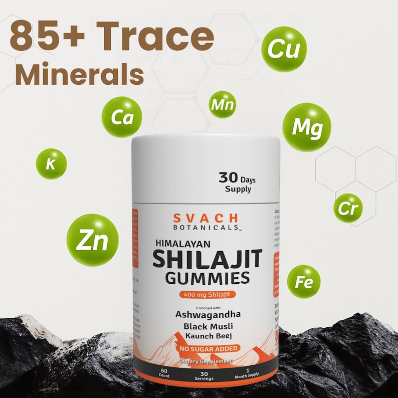 May include: A cylindrical container of Himalayan Shilajit Gummies, with text indicating 30 days supply. The label highlights 85+ trace minerals, 400 mg Shilajit, and added ingredients. Green spheres with mineral symbols surround the container.