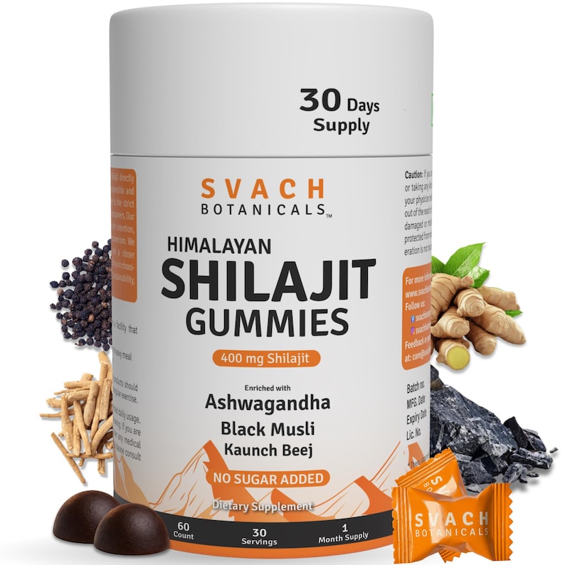 May include: A white cylindrical container of Svach Botanicals Himalayan Shilajit Gummies. The label includes text such as "400 mg Shilajit", "Ashwagandha", and "No Sugar Added". The image also shows related ingredients and individual gummy packets.